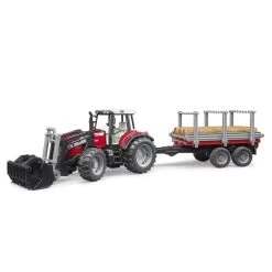 Bruder 02046 Massey Ferguson 7480 Mit Frontlader, Holztransportanhänger Und 3 Baumstämmen